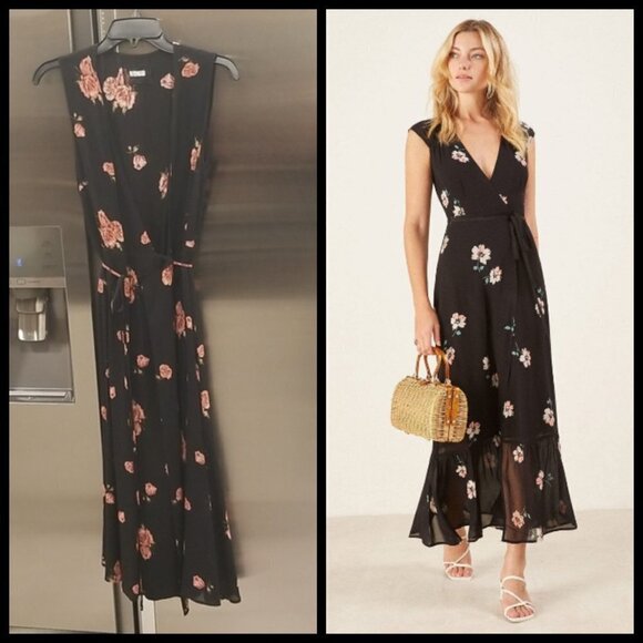 💕REFORMATION💕 Sleeveless Black Floral Print Wrap Dress Midi Length XS - Picture 1 of 16